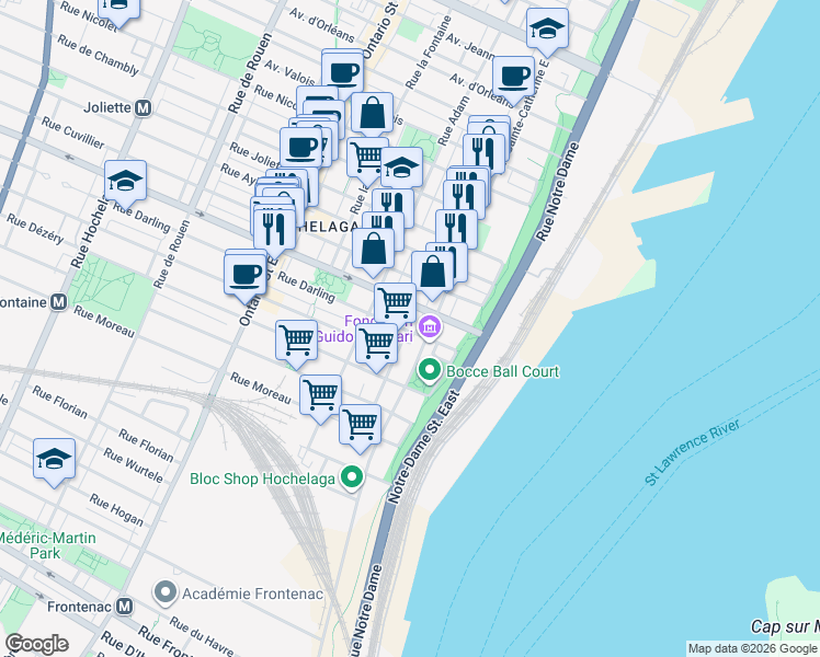 map of restaurants, bars, coffee shops, grocery stores, and more near 1435 Rue Darling in Montreal