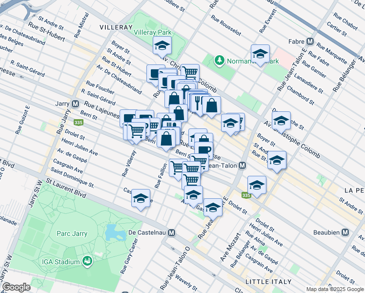 map of restaurants, bars, coffee shops, grocery stores, and more near 7450 Rue Lajeunesse in Montréal