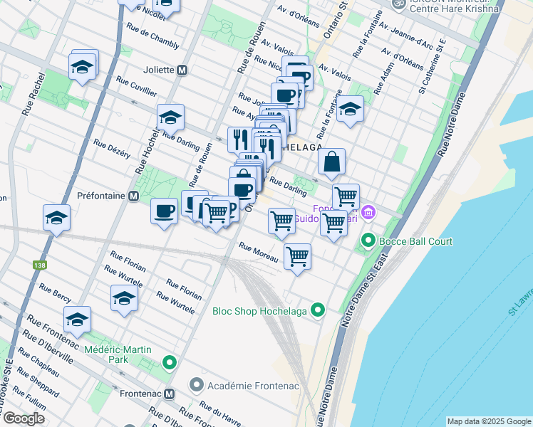 map of restaurants, bars, coffee shops, grocery stores, and more near 1855 Rue Dézéry in Montreal