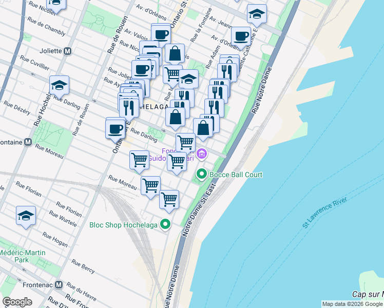 map of restaurants, bars, coffee shops, grocery stores, and more near 1437 Rue Darling in Montréal