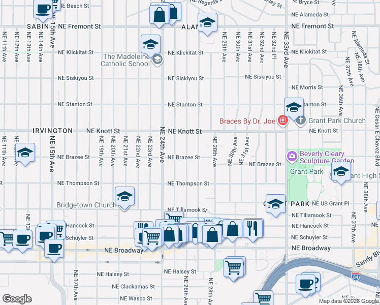 map of restaurants, bars, coffee shops, grocery stores, and more near 2615 Northeast 27th Avenue in Portland
