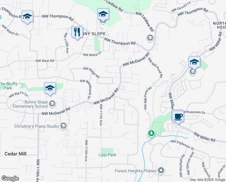 map of restaurants, bars, coffee shops, grocery stores, and more near 10839 Northwest Ironwood Lane in Portland