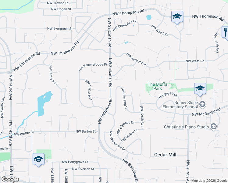 map of restaurants, bars, coffee shops, grocery stores, and more near 12845 Northwest Lorraine Drive in Portland