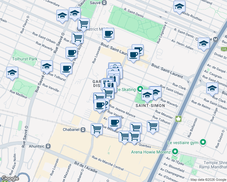 map of restaurants, bars, coffee shops, grocery stores, and more near 232 Rue Chabanel Ouest in Montréal