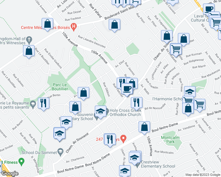 map of restaurants, bars, coffee shops, grocery stores, and more near 1279 Rue Gibbon in Laval