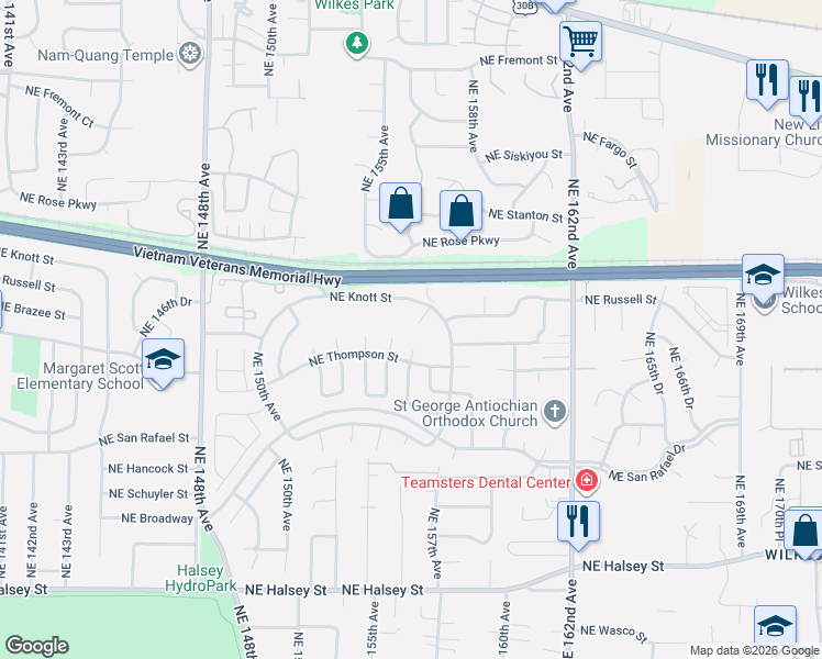 map of restaurants, bars, coffee shops, grocery stores, and more near 15645 Northeast Russell Place in Portland