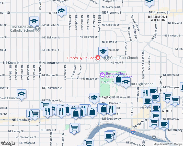 map of restaurants, bars, coffee shops, grocery stores, and more near 2620 Northeast 32nd Avenue in Portland