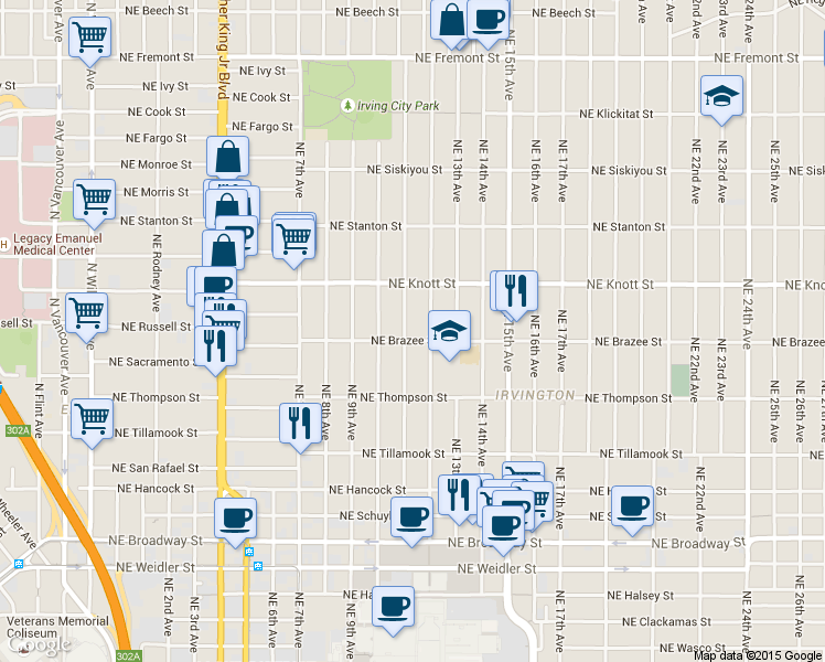 map of restaurants, bars, coffee shops, grocery stores, and more near 2611 Northeast 12th Avenue in Portland