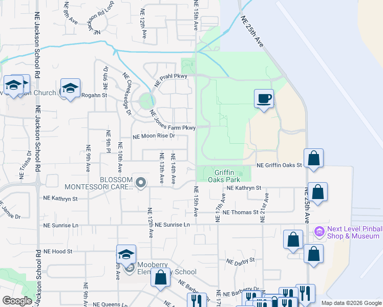 map of restaurants, bars, coffee shops, grocery stores, and more near 2348 Northeast 14th Place in Hillsboro