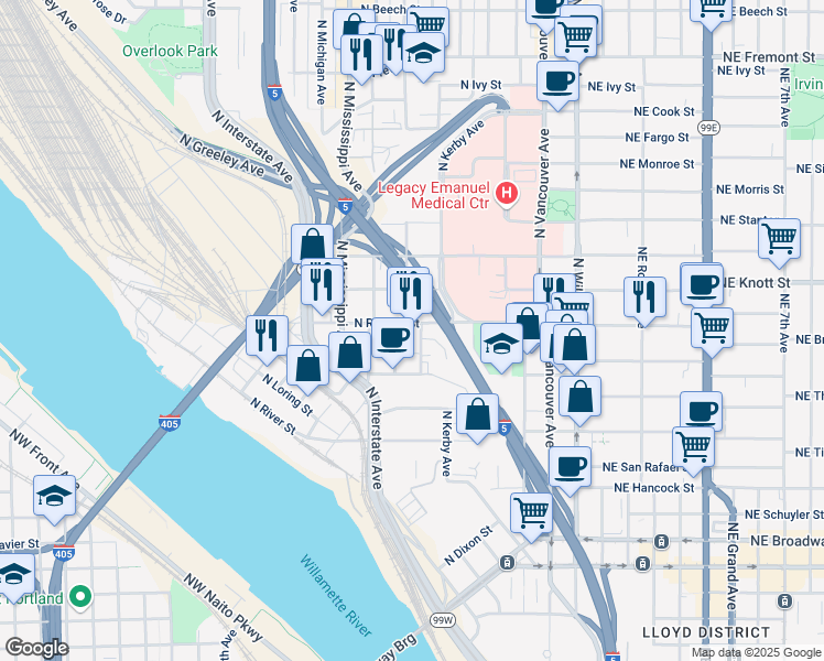 map of restaurants, bars, coffee shops, grocery stores, and more near 2624 N Borthwick Ave in Portland