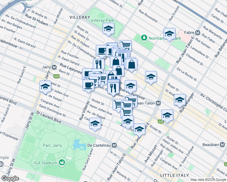 map of restaurants, bars, coffee shops, grocery stores, and more near 7507 Rue Berri in Montréal