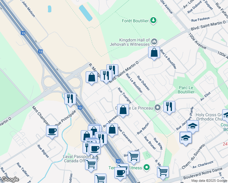map of restaurants, bars, coffee shops, grocery stores, and more near 1365 Rue Montgolfier in Laval