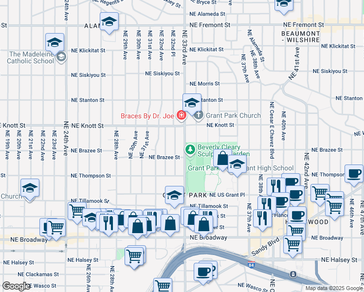 map of restaurants, bars, coffee shops, grocery stores, and more near 2617 Northeast 33rd Avenue in Portland