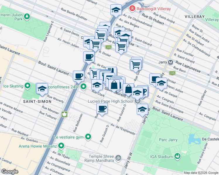 map of restaurants, bars, coffee shops, grocery stores, and more near 8487 Boulevard Saint-Laurent in Montréal