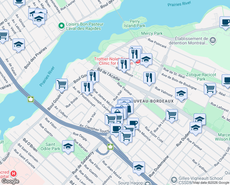 map of restaurants, bars, coffee shops, grocery stores, and more near 12117 Boulevard Taylor in Montréal