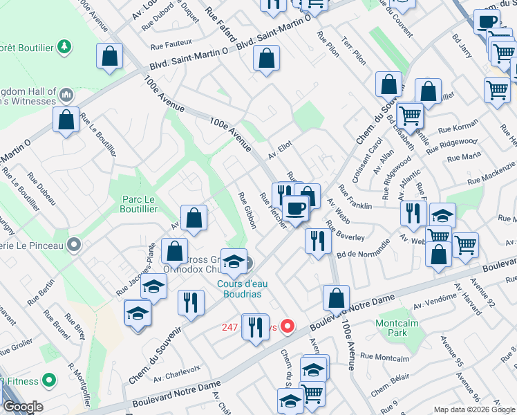 map of restaurants, bars, coffee shops, grocery stores, and more near 1279 Rue Gibbon in Laval