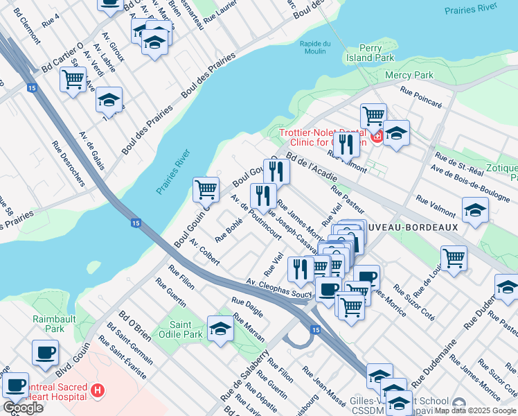 map of restaurants, bars, coffee shops, grocery stores, and more near 2620 Rue Bohlé in Montréal