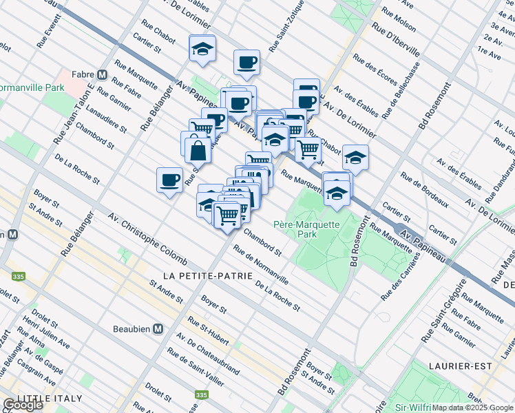map of restaurants, bars, coffee shops, grocery stores, and more near 1392 Rue Beaubien Est in Montréal