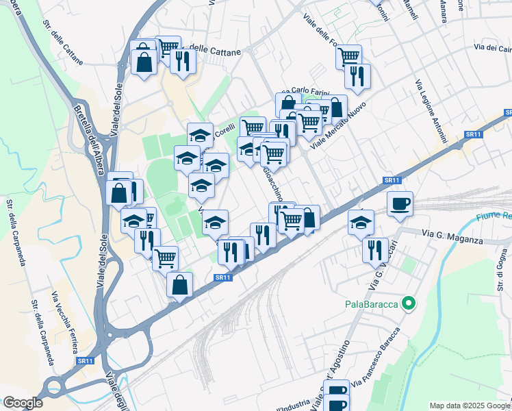 map of restaurants, bars, coffee shops, grocery stores, and more near Via Arrigo Boito in Vicenza