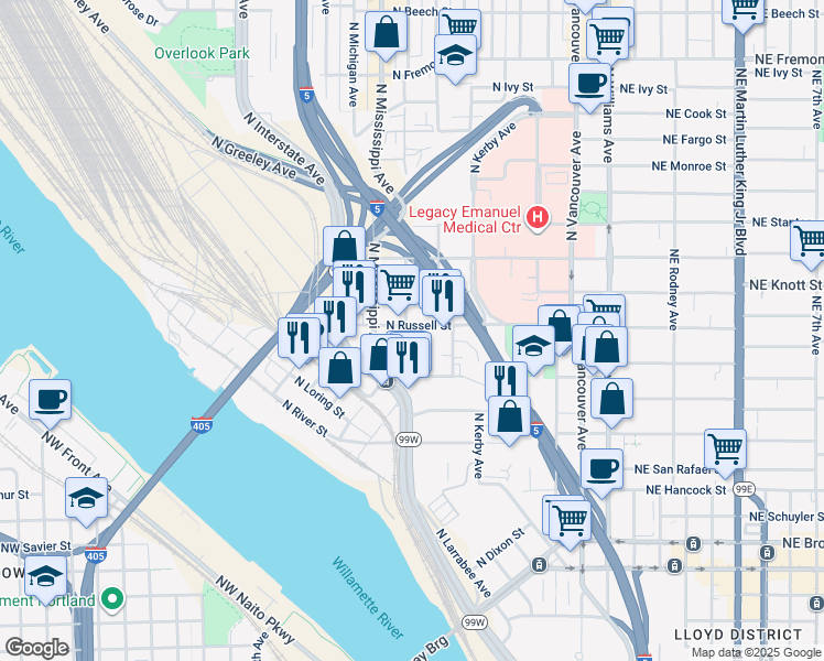 map of restaurants, bars, coffee shops, grocery stores, and more near 2631 North Albina Avenue in Portland