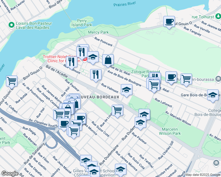 map of restaurants, bars, coffee shops, grocery stores, and more near 11925 Rue Valmont in Montreal