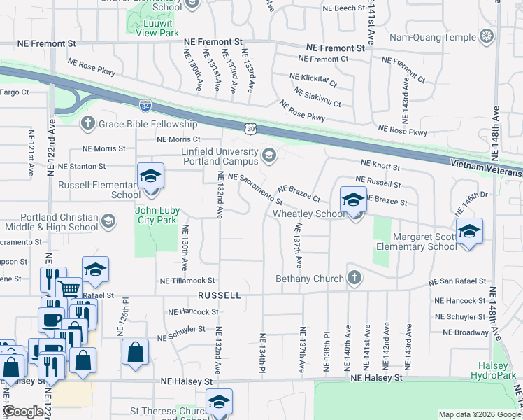 map of restaurants, bars, coffee shops, grocery stores, and more near 2437 Northeast 134th Place in Portland