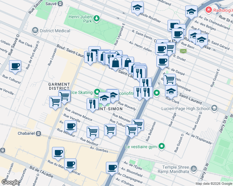 map of restaurants, bars, coffee shops, grocery stores, and more near 8945 Rue de Reims in Montréal