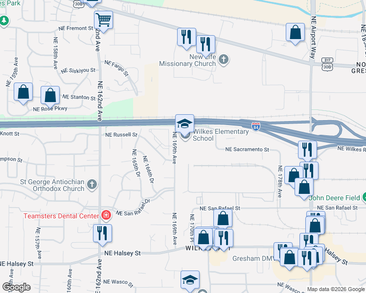 map of restaurants, bars, coffee shops, grocery stores, and more near 2400-2598 NE 169th Ave in Portland