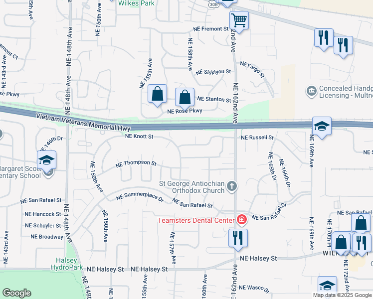 map of restaurants, bars, coffee shops, grocery stores, and more near 15727 Northeast Russell Street in Portland