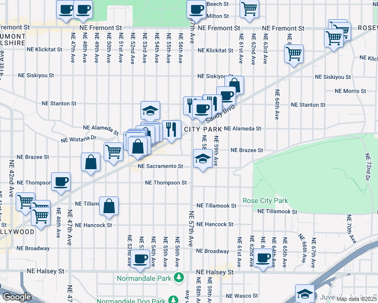 map of restaurants, bars, coffee shops, grocery stores, and more near 2556 Northeast 56th Avenue in Portland