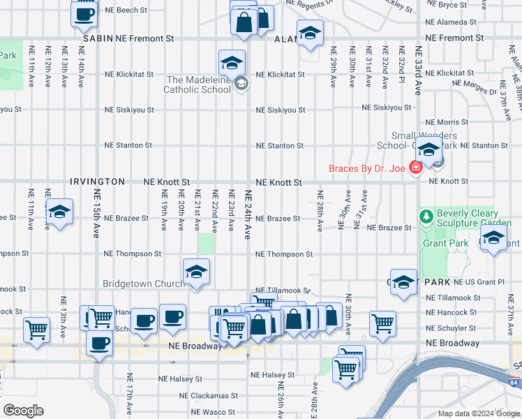 map of restaurants, bars, coffee shops, grocery stores, and more near 2614 Northeast 25th Avenue in Portland