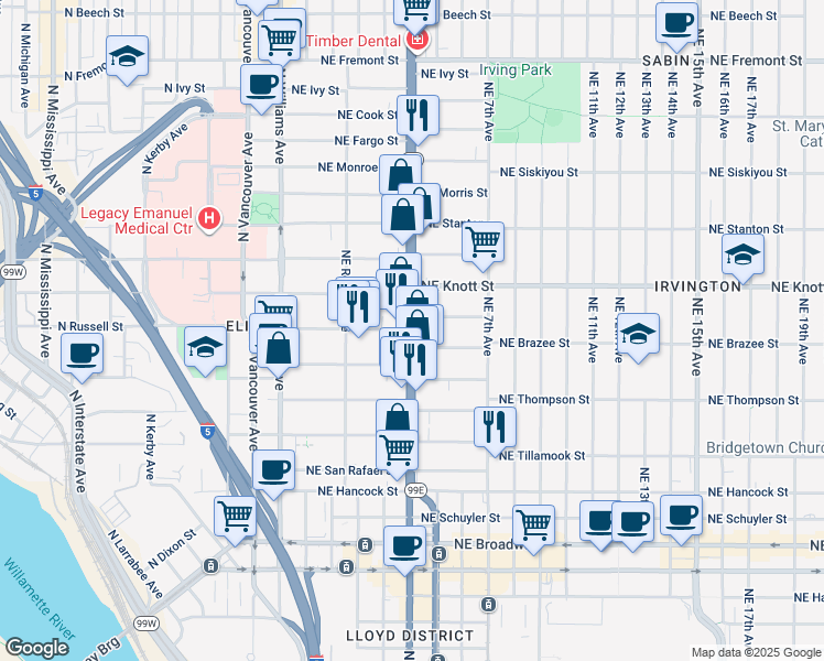 map of restaurants, bars, coffee shops, grocery stores, and more near 2650 Northeast Martin Luther King Junior Boulevard in Portland