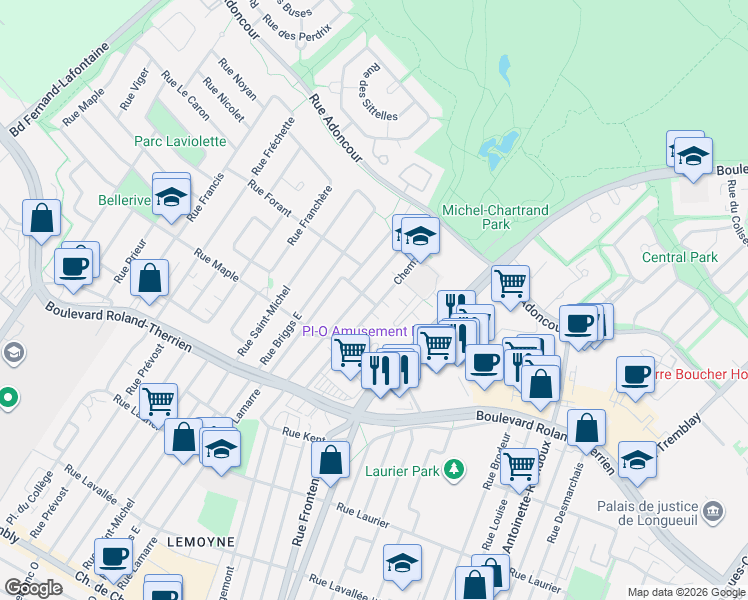map of restaurants, bars, coffee shops, grocery stores, and more near 957 Chemin du Lac in Longueuil