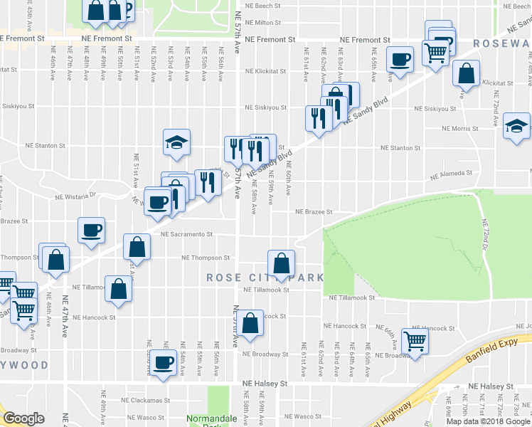 map of restaurants, bars, coffee shops, grocery stores, and more near 2467 Northeast 59th Avenue in Portland