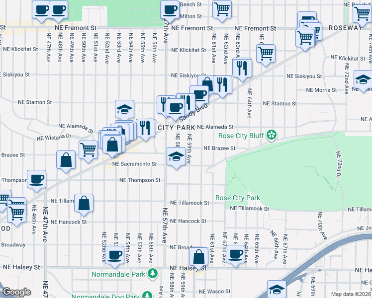 map of restaurants, bars, coffee shops, grocery stores, and more near 2467 Northeast 59th Avenue in Portland