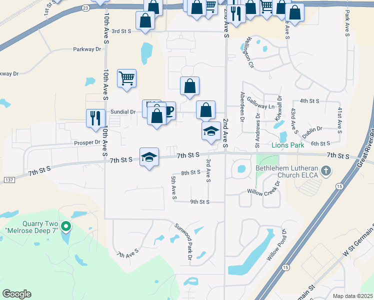map of restaurants, bars, coffee shops, grocery stores, and more near 401 7th Street South in Waite Park