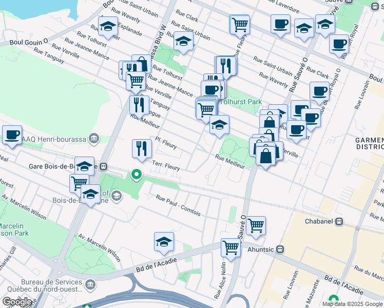 map of restaurants, bars, coffee shops, grocery stores, and more near 10321 Place Fleury in Montreal