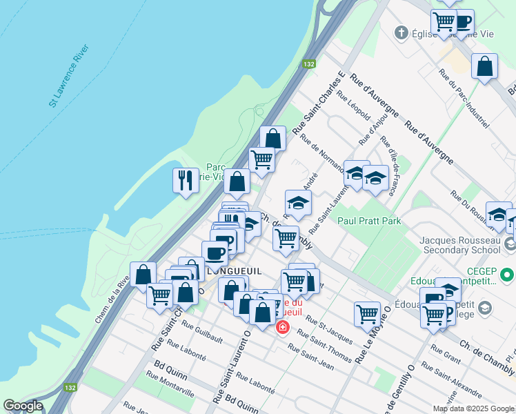 map of restaurants, bars, coffee shops, grocery stores, and more near 50 Rue Saint-Charles Est in Longueuil