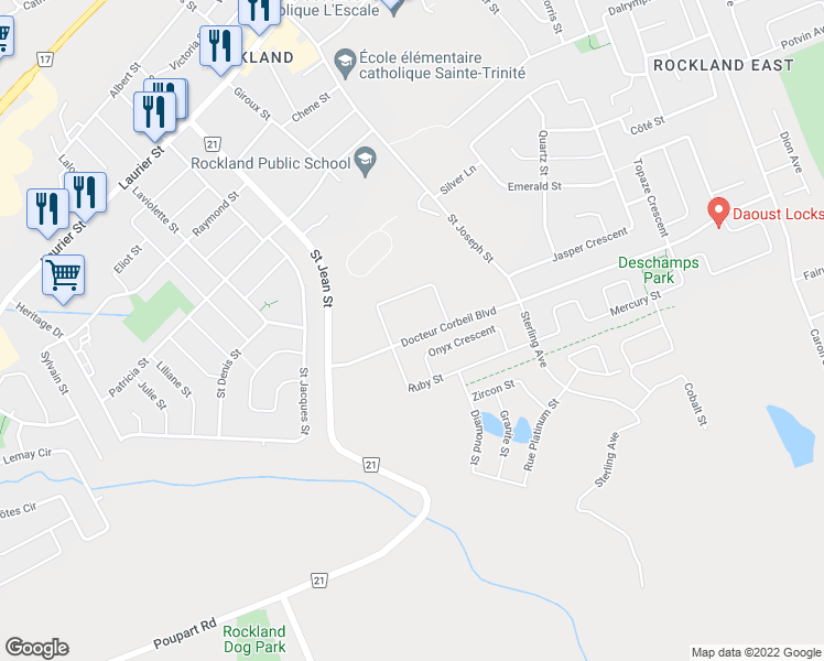map of restaurants, bars, coffee shops, grocery stores, and more near 1152 Docteur Corbeil Boulevard in Clarence-Rockland