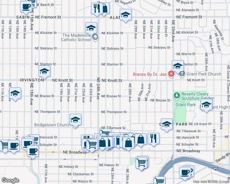 map of restaurants, bars, coffee shops, grocery stores, and more near 2615 Northeast 27th Avenue in Portland