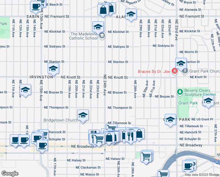 map of restaurants, bars, coffee shops, grocery stores, and more near 2614 Northeast 25th Avenue in Portland