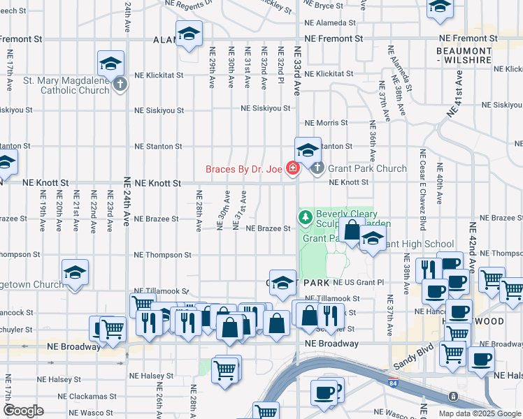 map of restaurants, bars, coffee shops, grocery stores, and more near 2558 Northeast 32nd Avenue in Portland