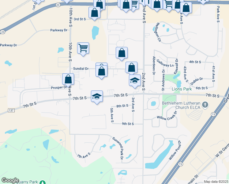 map of restaurants, bars, coffee shops, grocery stores, and more near 501 7th Street South in Waite Park