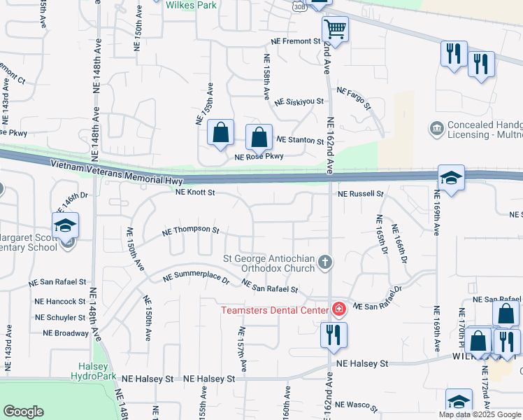 map of restaurants, bars, coffee shops, grocery stores, and more near 15727 Northeast Russell Street in Portland