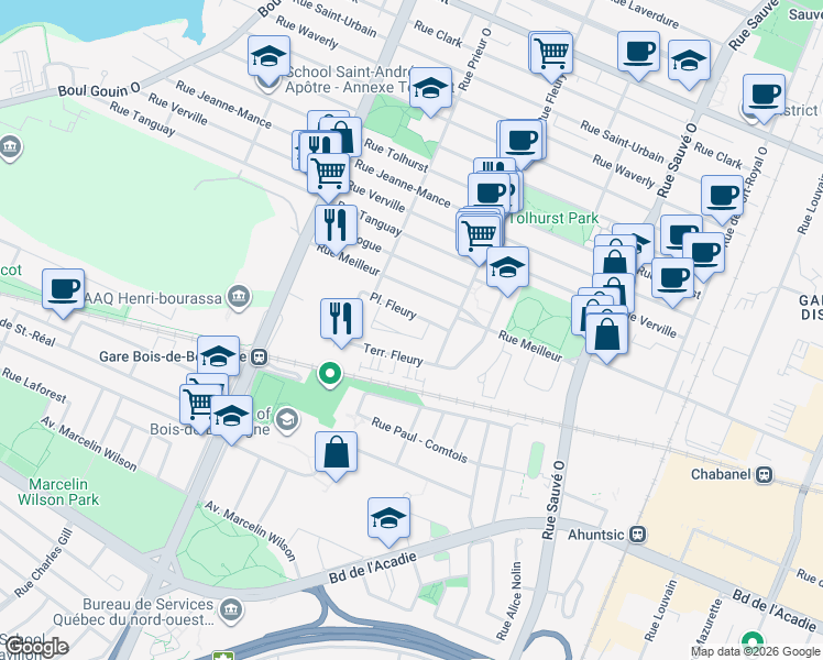 map of restaurants, bars, coffee shops, grocery stores, and more near 10399 Place Prieur in Montréal