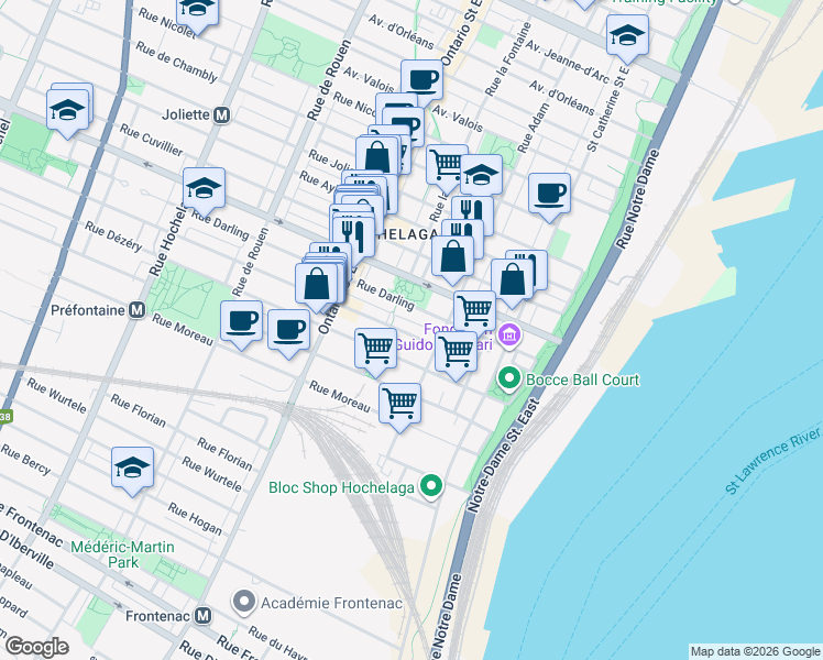 map of restaurants, bars, coffee shops, grocery stores, and more near 1679 Rue Saint Germain in Montréal