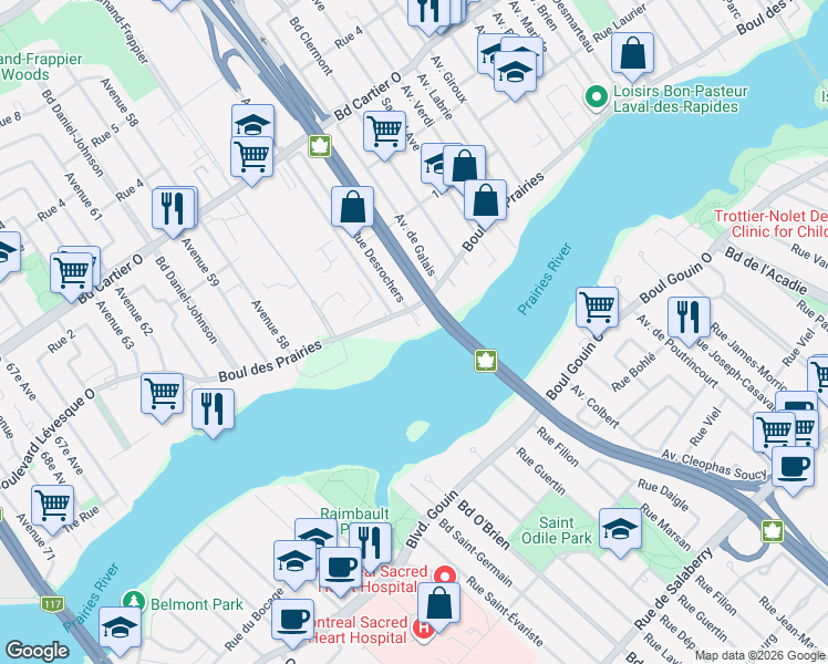 map of restaurants, bars, coffee shops, grocery stores, and more near 502 Boulevard des Prairies in Laval