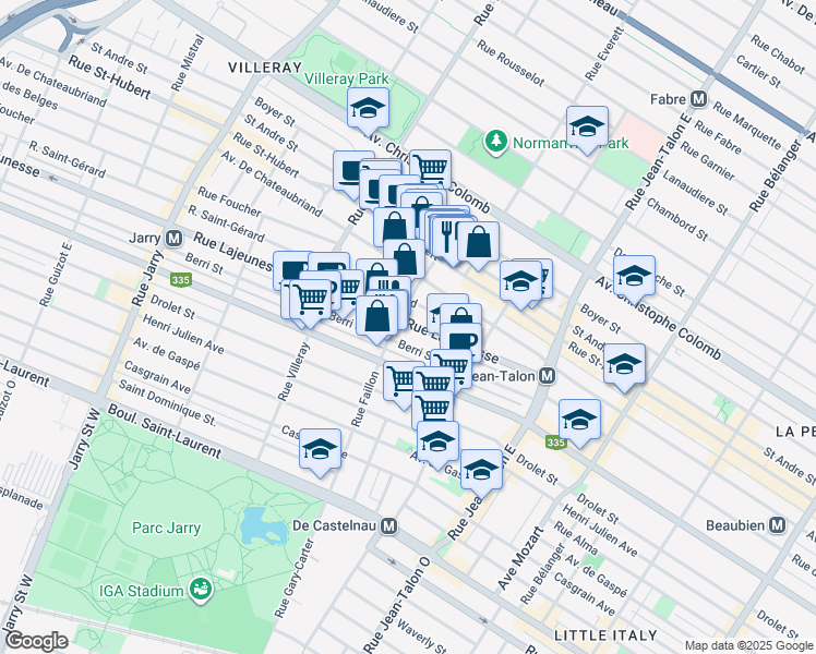 map of restaurants, bars, coffee shops, grocery stores, and more near 7470 Rue Lajeunesse in Montréal