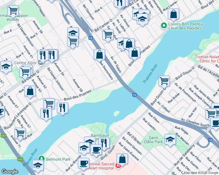 map of restaurants, bars, coffee shops, grocery stores, and more near 510 Boulevard des Prairies in Laval