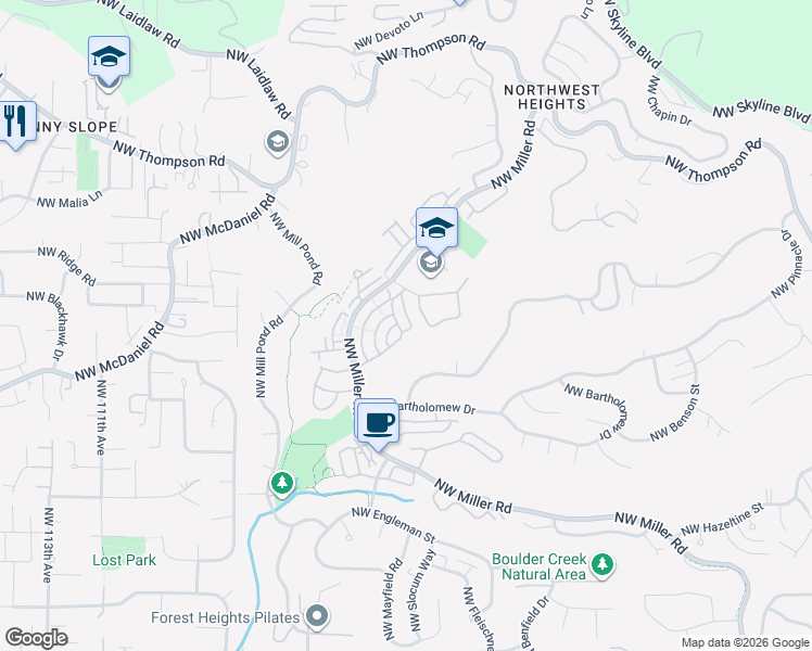 map of restaurants, bars, coffee shops, grocery stores, and more near 9828 Northwest Durrett Street in Portland